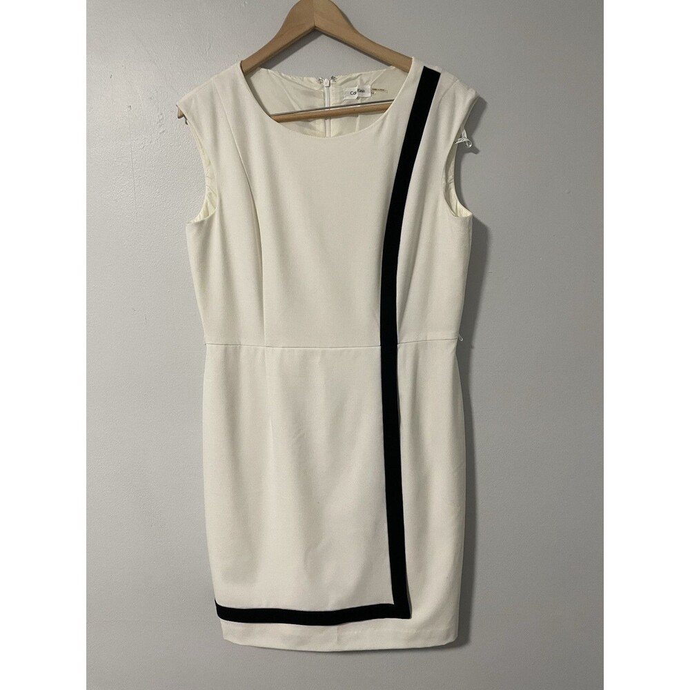 Calvin Klein Ivory Black‎ Stripe Sleeveless Round Neck Sheath Dress Knee 14